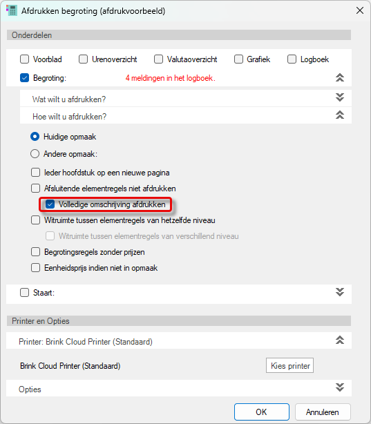 Afdrukoptie afsluitende elementregels