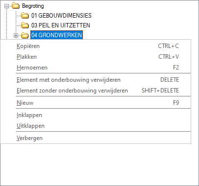 Structuur - contextmenu