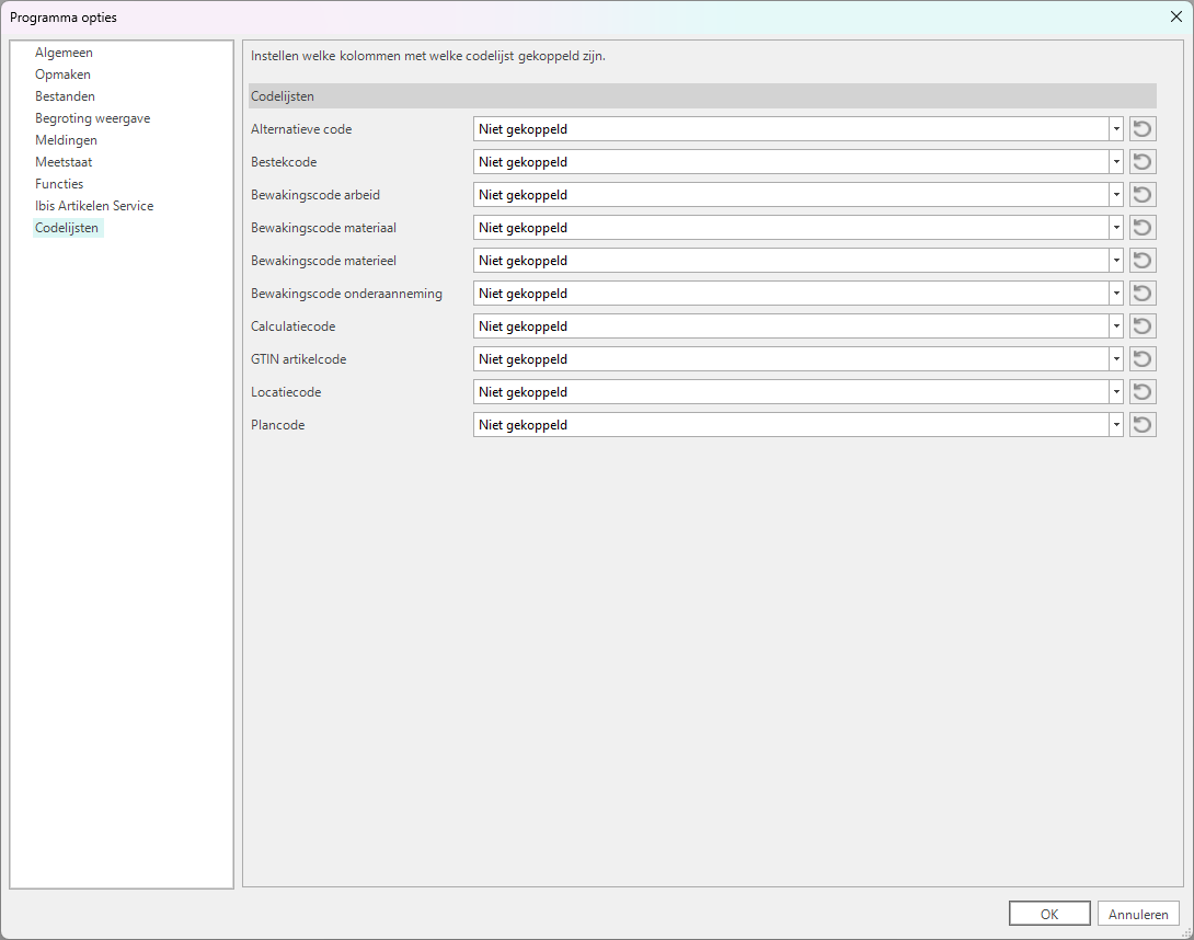 Opties - Codelijsten