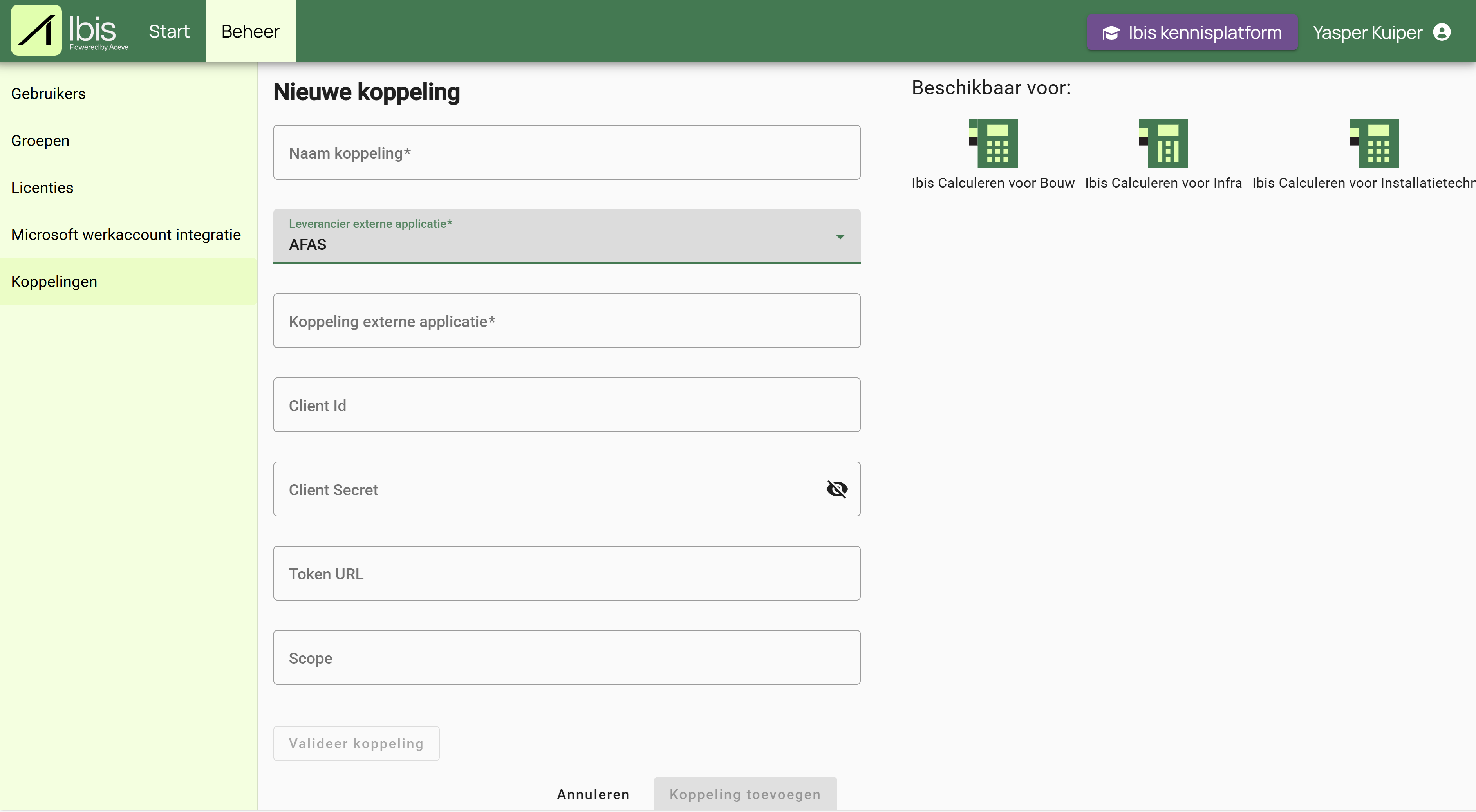 Invoervelden Afas koppeling