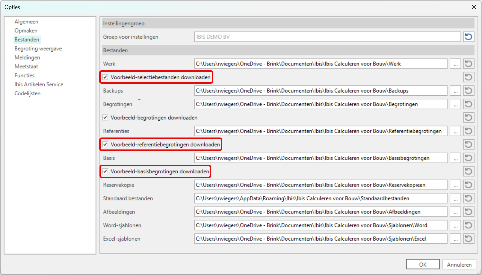 Instellingen voorbeeldbestanden downloaden