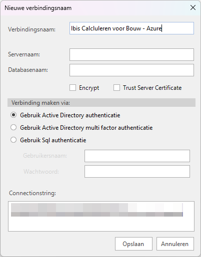 Instellingenbeheer - Algemeen - Azure SQL verbindingsnaam toevoegen