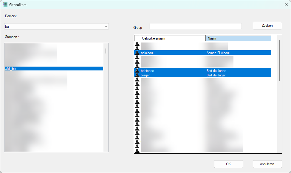 Autorisatie - gebruikers zoeken - groep met geselecteerde gebruikers