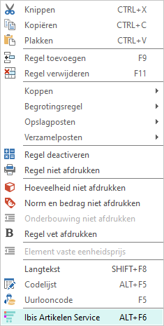 Ibis Artikelen Service - rechtermuismenu