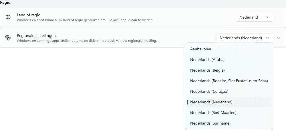 Regio instellingen Windows