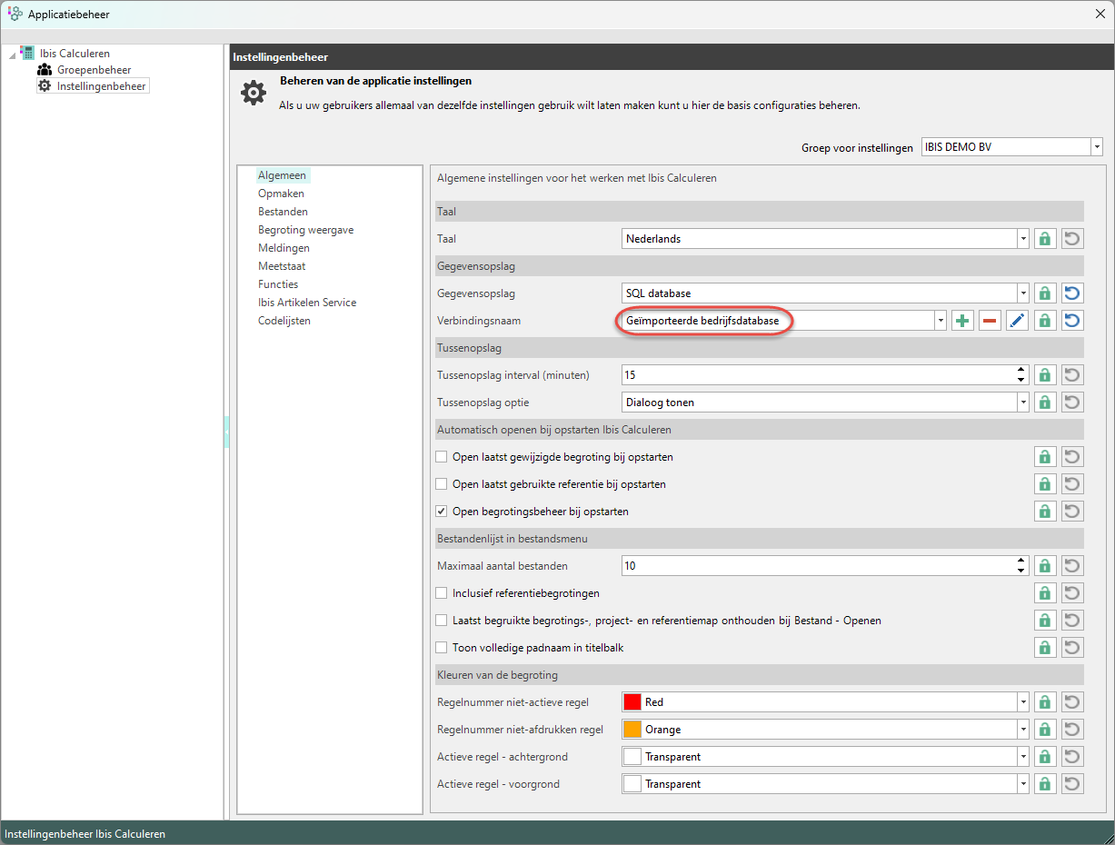 Instellingenbeheer - Algemeen - SQL - Geïmporteerde bedrijfsdatabase